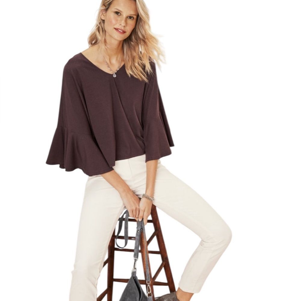 Garnet Hill Bell Sleeve Knit Top Brown Cropped Boxy Blouse Women Large Soft